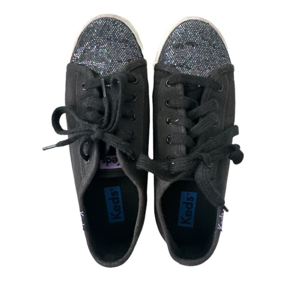 Keds Kids Black Canvas Low Top Sneakers Iridescent Glitter Toe Cap Size 1M